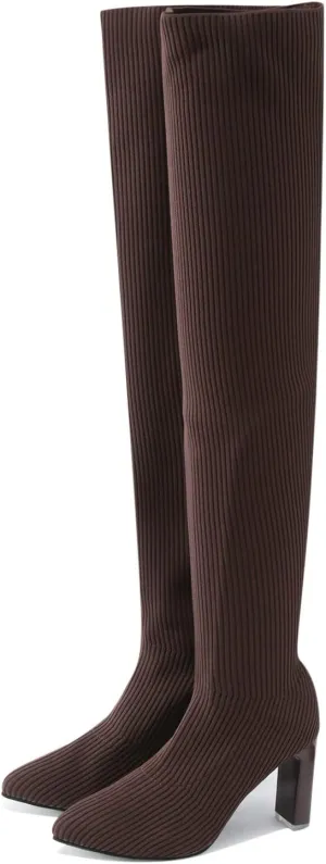 Over the Knee Boots for Women Platform Thigh High Boots Chunky Heel Knee High Boots Round Toe Stretch Suede Over-the-Knee Boots Fashion Long Boot Sexy Fall Boots