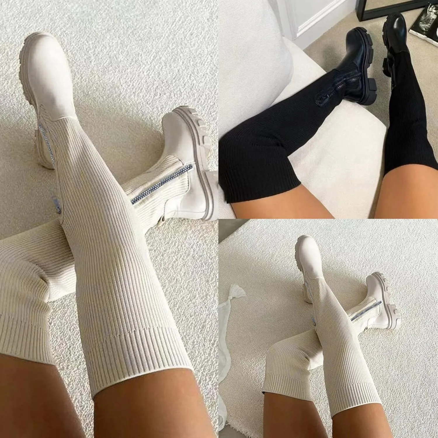 Over the Knee Boots for Women Platform Thigh High Boots Chunky Heel Knee High Boots Round Toe Stretch Suede Over-the-Knee Boots Fashion Long Boot Sexy Fall Boots