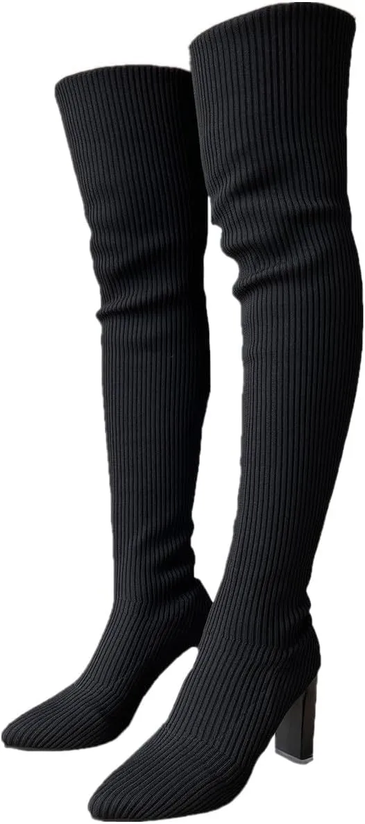 Over the Knee Boots for Women Platform Thigh High Boots Chunky Heel Knee High Boots Round Toe Stretch Suede Over-the-Knee Boots Fashion Long Boot Sexy Fall Boots