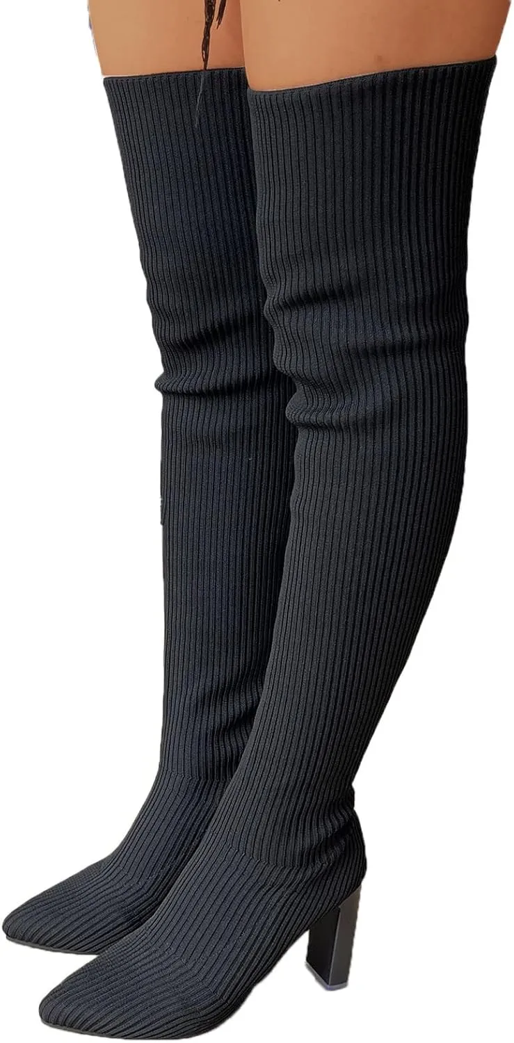 Over the Knee Boots for Women Platform Thigh High Boots Chunky Heel Knee High Boots Round Toe Stretch Suede Over-the-Knee Boots Fashion Long Boot Sexy Fall Boots