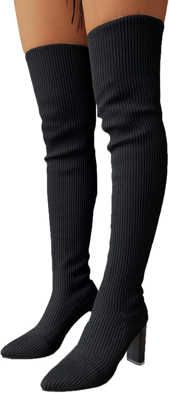 Over the Knee Boots for Women Platform Thigh High Boots Chunky Heel Knee High Boots Round Toe Stretch Suede Over-the-Knee Boots Fashion Long Boot Sexy Fall Boots
