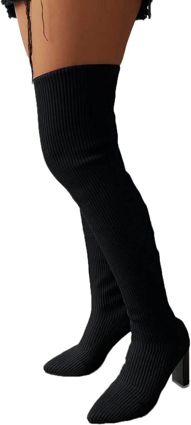 Over the Knee Boots for Women Platform Thigh High Boots Chunky Heel Knee High Boots Round Toe Stretch Suede Over-the-Knee Boots Fashion Long Boot Sexy Fall Boots