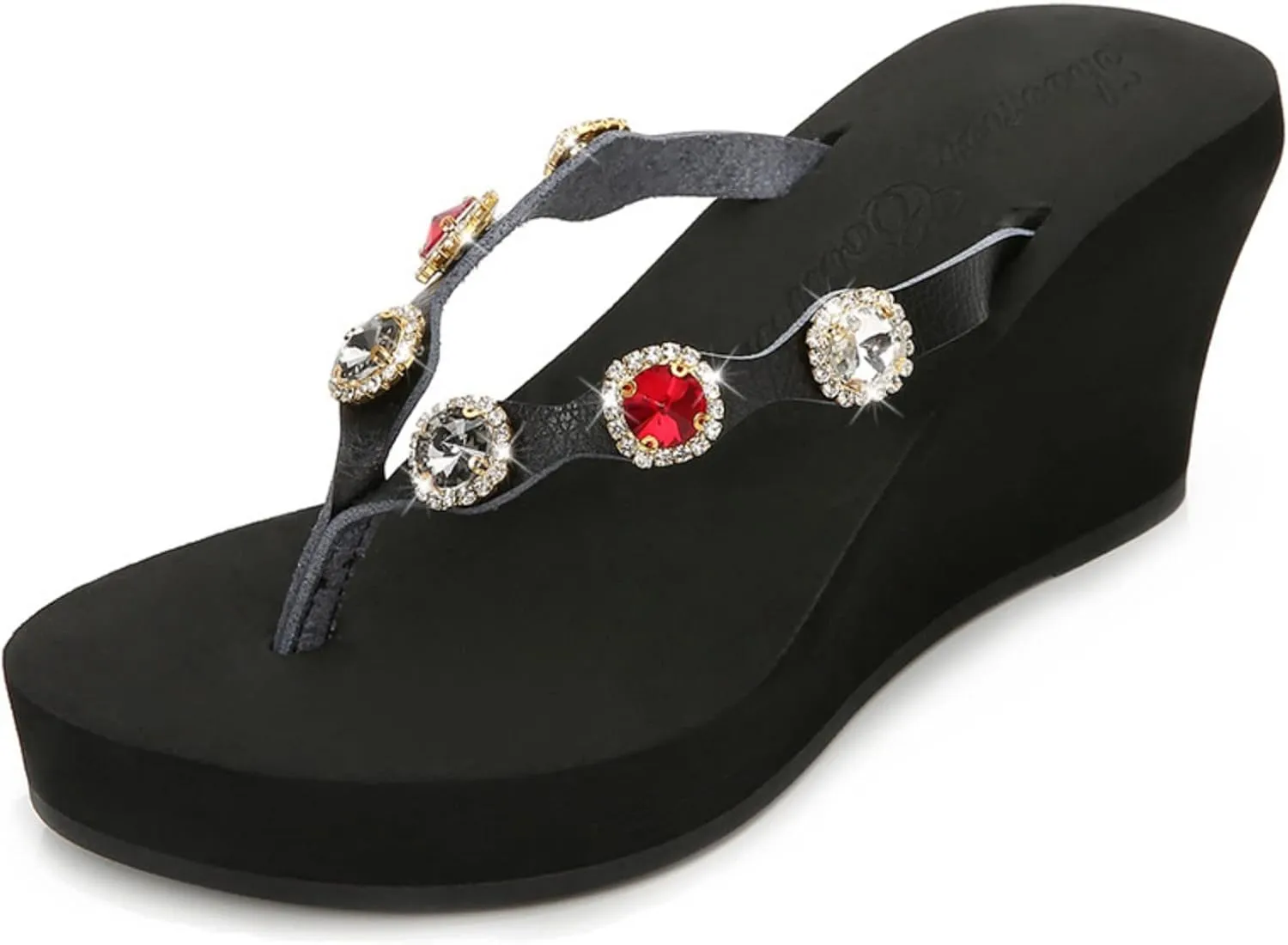 pearlzone Womens Rhinestones Wedge Flip Flops Sandals,Summer Slip on Platform Casual Walking Rhinestones Wedges Sandal