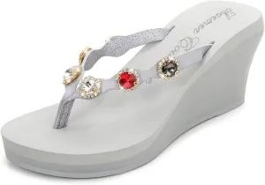 pearlzone Womens Rhinestones Wedge Flip Flops Sandals,Summer Slip on Platform Casual Walking Rhinestones Wedges Sandal