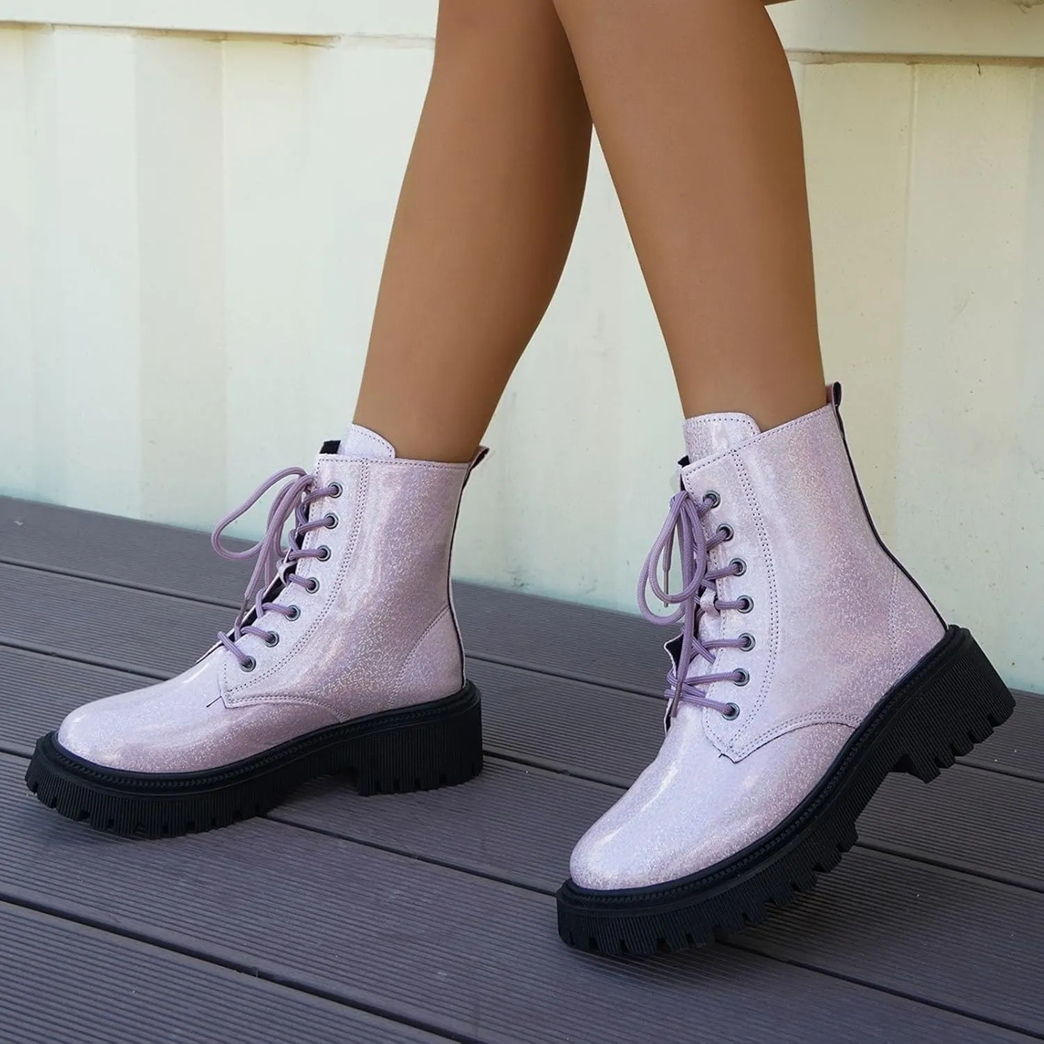 Platform Ankle Boots for Women,Women's Combat Boots Lace up Ankle Booties Mid Calf Booties for Lady Round Toe Lug Sole Low Heel Fashion Ankle Bootie Glitter Chunky Block Heel Fall Short Boots
