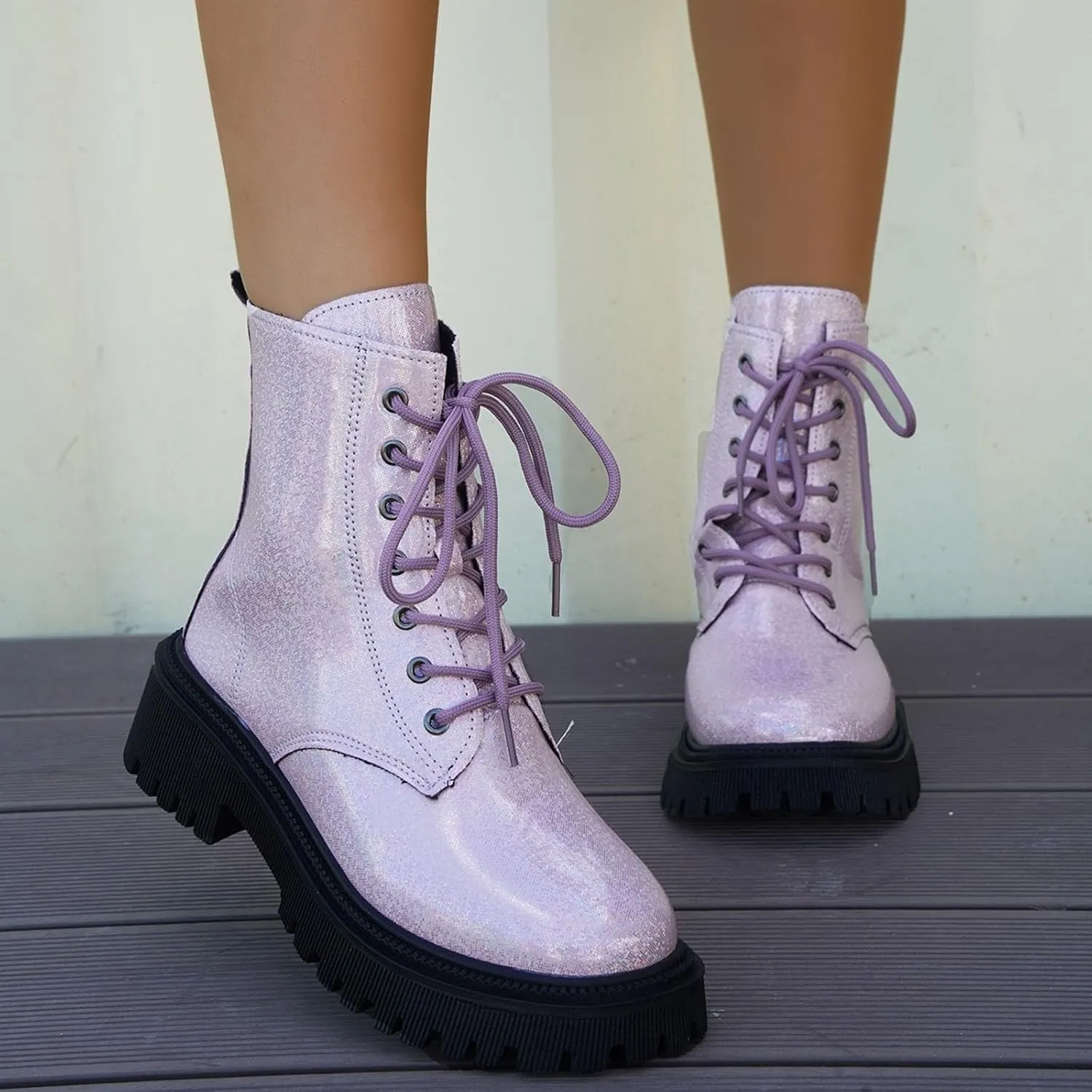 Platform Ankle Boots for Women,Women's Combat Boots Lace up Ankle Booties Mid Calf Booties for Lady Round Toe Lug Sole Low Heel Fashion Ankle Bootie Glitter Chunky Block Heel Fall Short Boots
