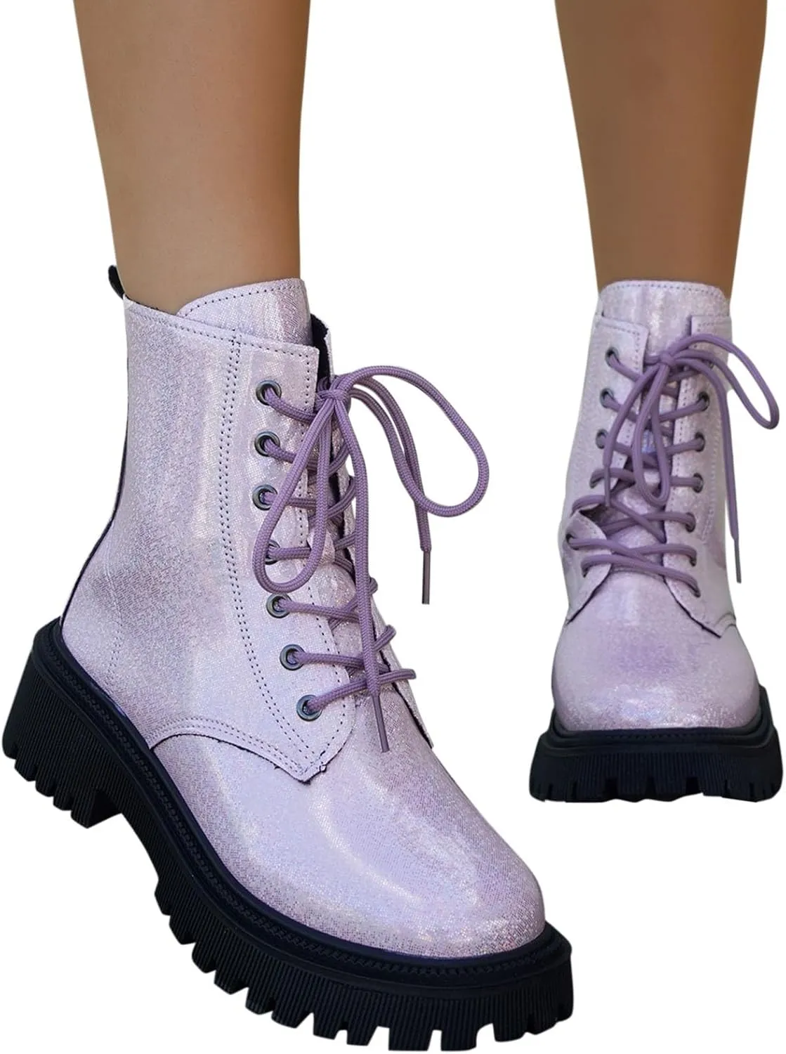 Platform Ankle Boots for Women,Women's Combat Boots Lace up Ankle Booties Mid Calf Booties for Lady Round Toe Lug Sole Low Heel Fashion Ankle Bootie Glitter Chunky Block Heel Fall Short Boots
