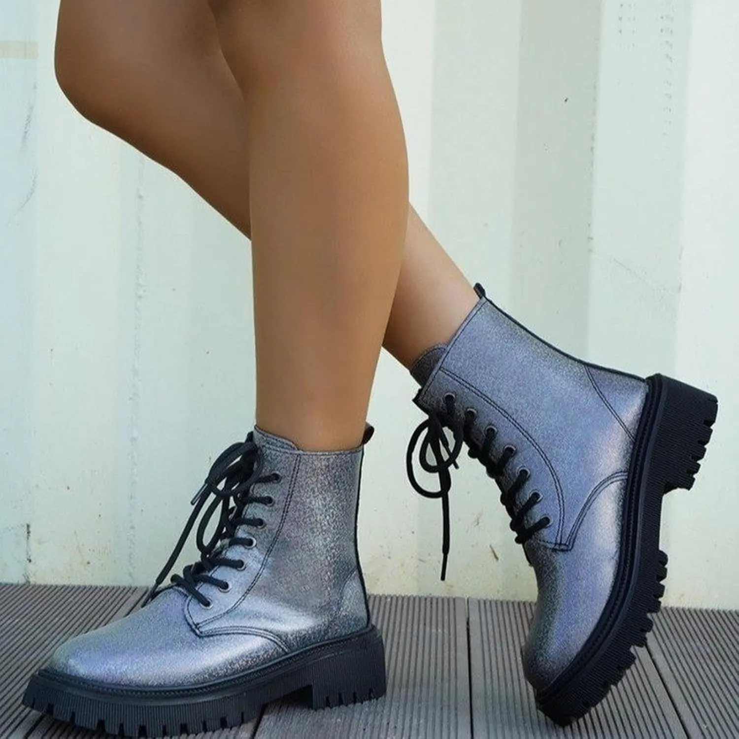 Platform Ankle Boots for Women,Women's Combat Boots Lace up Ankle Booties Mid Calf Booties for Lady Round Toe Lug Sole Low Heel Fashion Ankle Bootie Glitter Chunky Block Heel Fall Short Boots