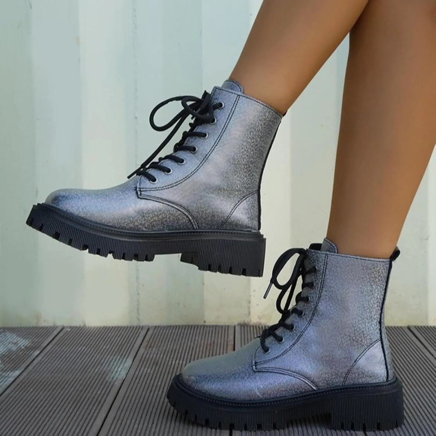Platform Ankle Boots for Women,Women's Combat Boots Lace up Ankle Booties Mid Calf Booties for Lady Round Toe Lug Sole Low Heel Fashion Ankle Bootie Glitter Chunky Block Heel Fall Short Boots