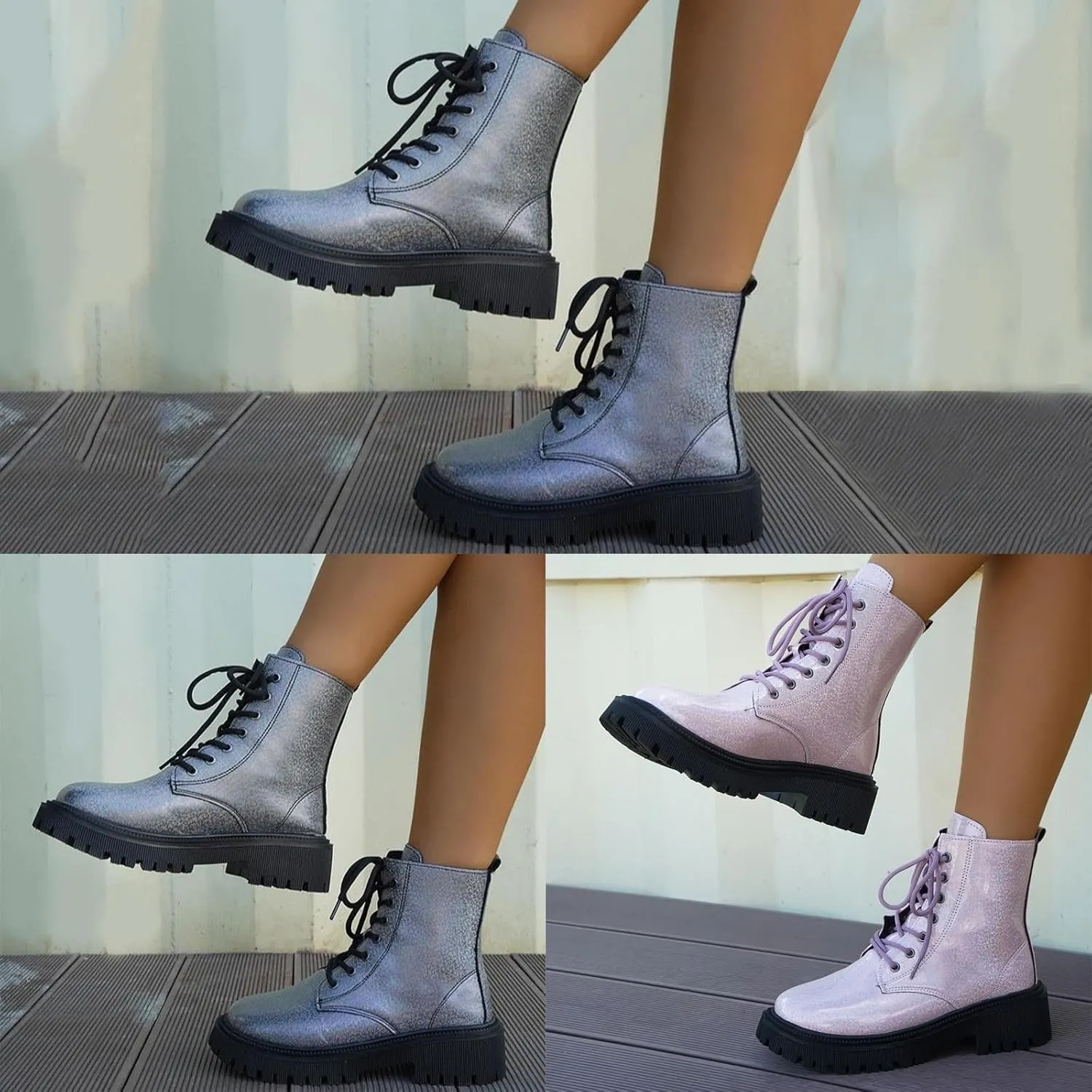 Platform Ankle Boots for Women,Women's Combat Boots Lace up Ankle Booties Mid Calf Booties for Lady Round Toe Lug Sole Low Heel Fashion Ankle Bootie Glitter Chunky Block Heel Fall Short Boots
