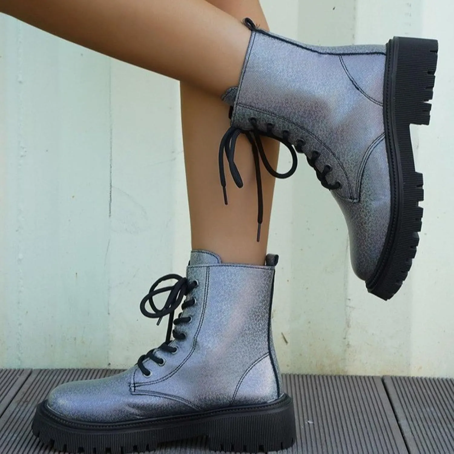 Platform Ankle Boots for Women,Women's Combat Boots Lace up Ankle Booties Mid Calf Booties for Lady Round Toe Lug Sole Low Heel Fashion Ankle Bootie Glitter Chunky Block Heel Fall Short Boots