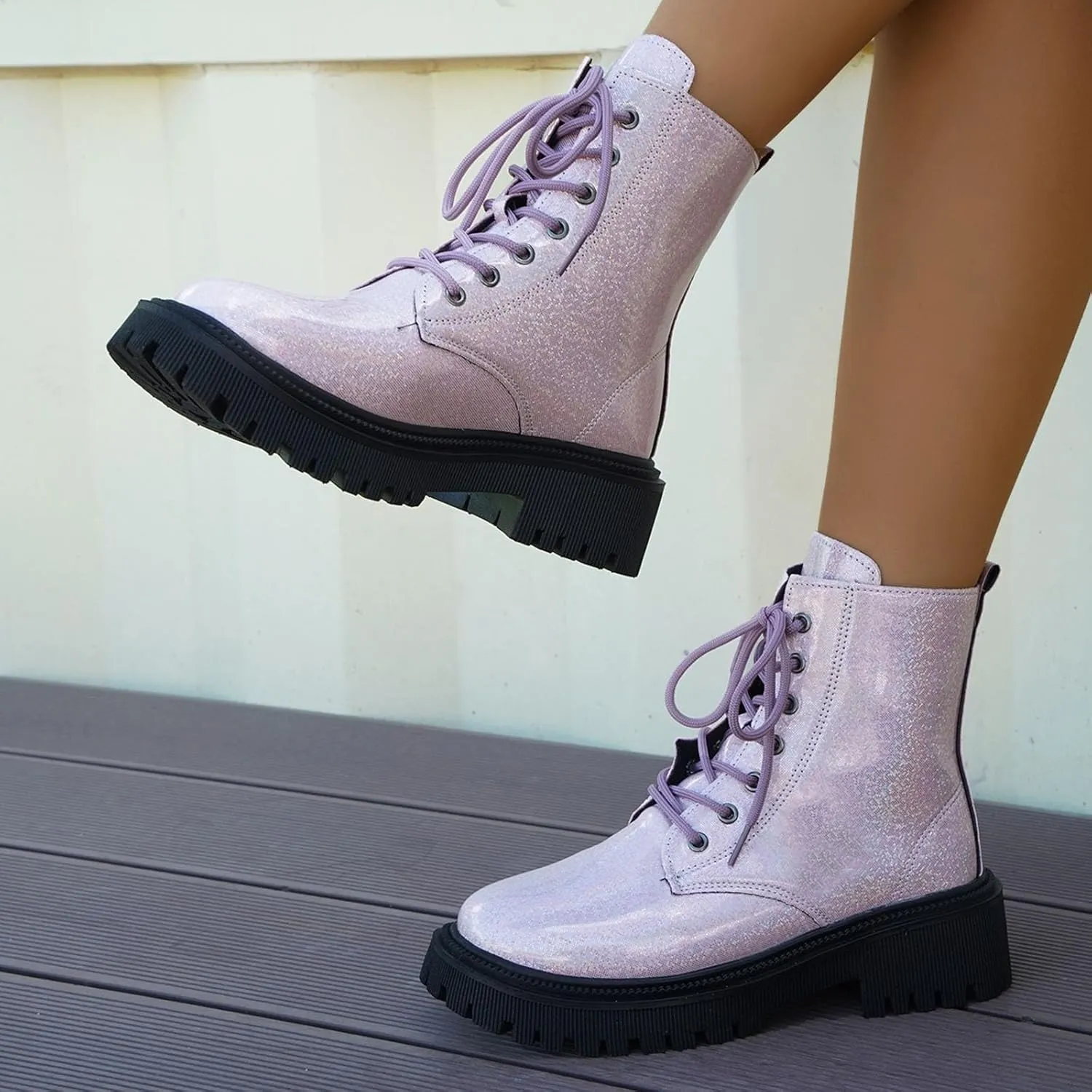 Platform Ankle Boots for Women,Women's Combat Boots Lace up Ankle Booties Mid Calf Booties for Lady Round Toe Lug Sole Low Heel Fashion Ankle Bootie Glitter Chunky Block Heel Fall Short Boots
