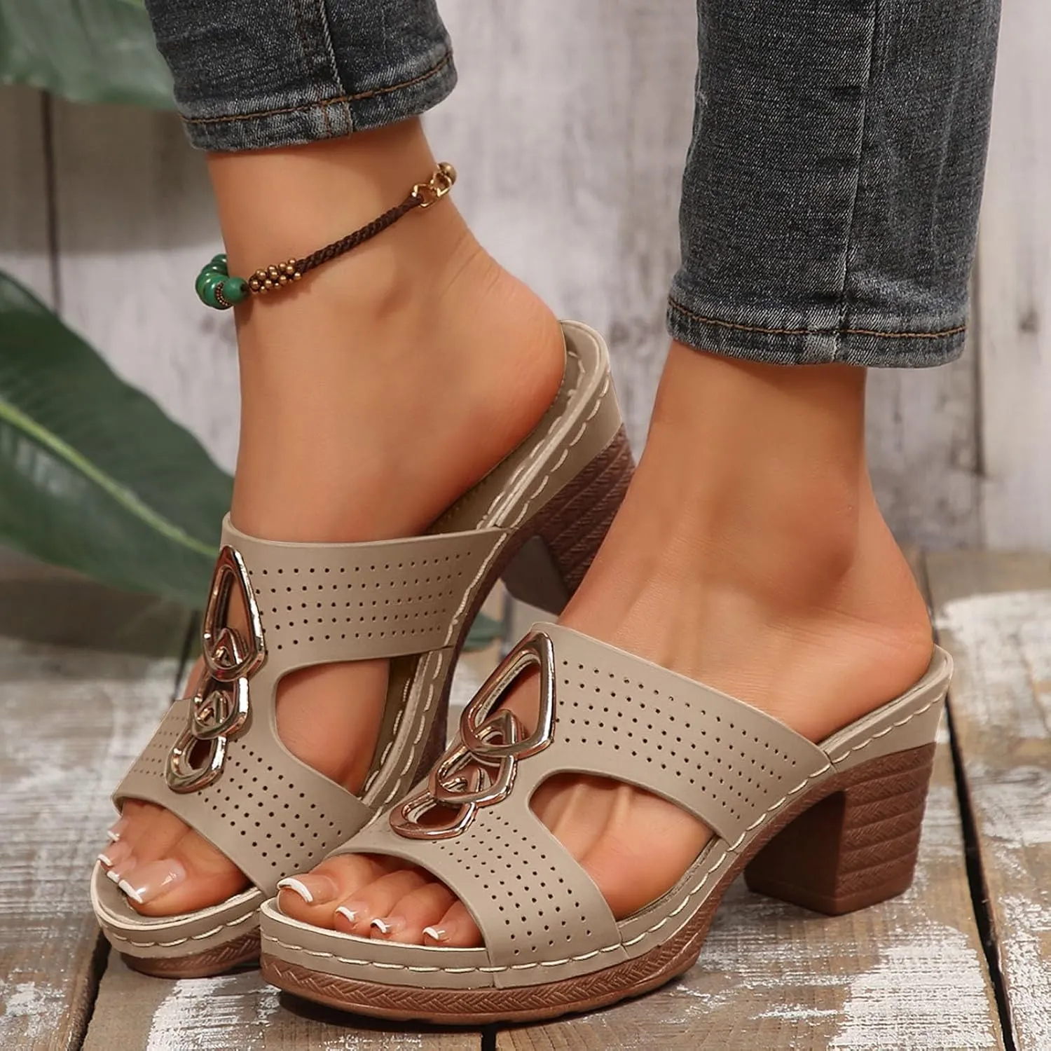 Platform Chunky Heels For Women Cutout Open Toe Low Heels Block Heeled Sandals Fashion Party Dress Slip On Slides Comfortable Walking Office Casual Summer Mules Dressy Shoes