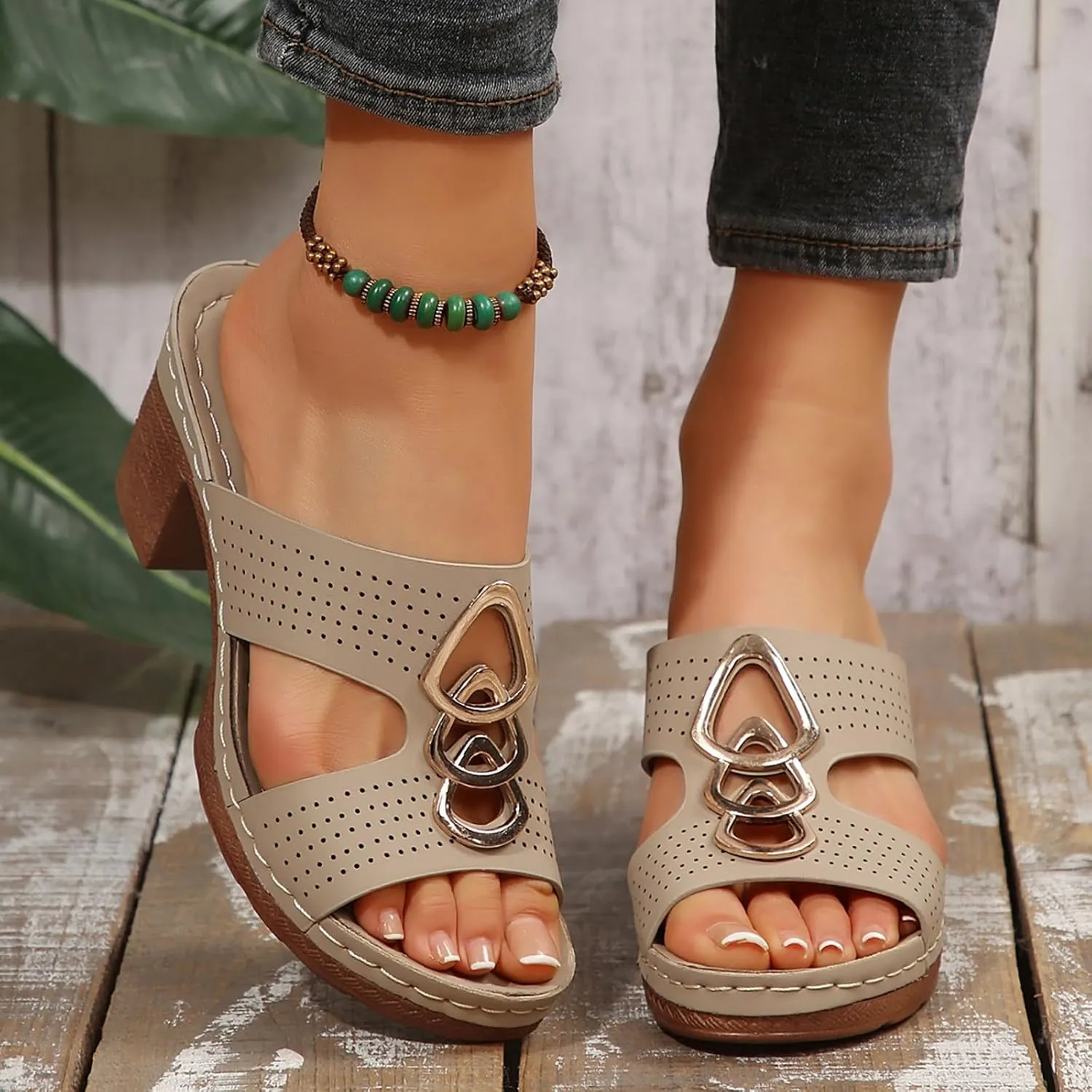 Platform Chunky Heels For Women Cutout Open Toe Low Heels Block Heeled Sandals Fashion Party Dress Slip On Slides Comfortable Walking Office Casual Summer Mules Dressy Shoes