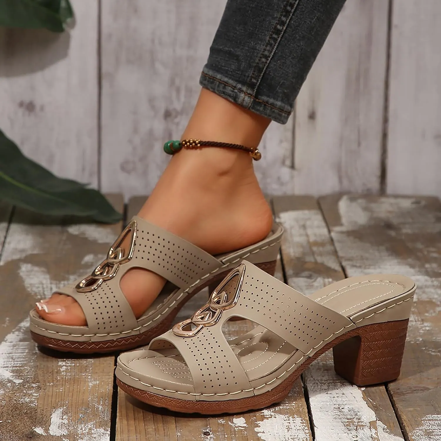 Platform Chunky Heels For Women Cutout Open Toe Low Heels Block Heeled Sandals Fashion Party Dress Slip On Slides Comfortable Walking Office Casual Summer Mules Dressy Shoes