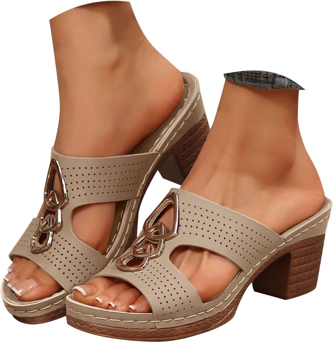 Platform Chunky Heels For Women Cutout Open Toe Low Heels Block Heeled Sandals Fashion Party Dress Slip On Slides Comfortable Walking Office Casual Summer Mules Dressy Shoes