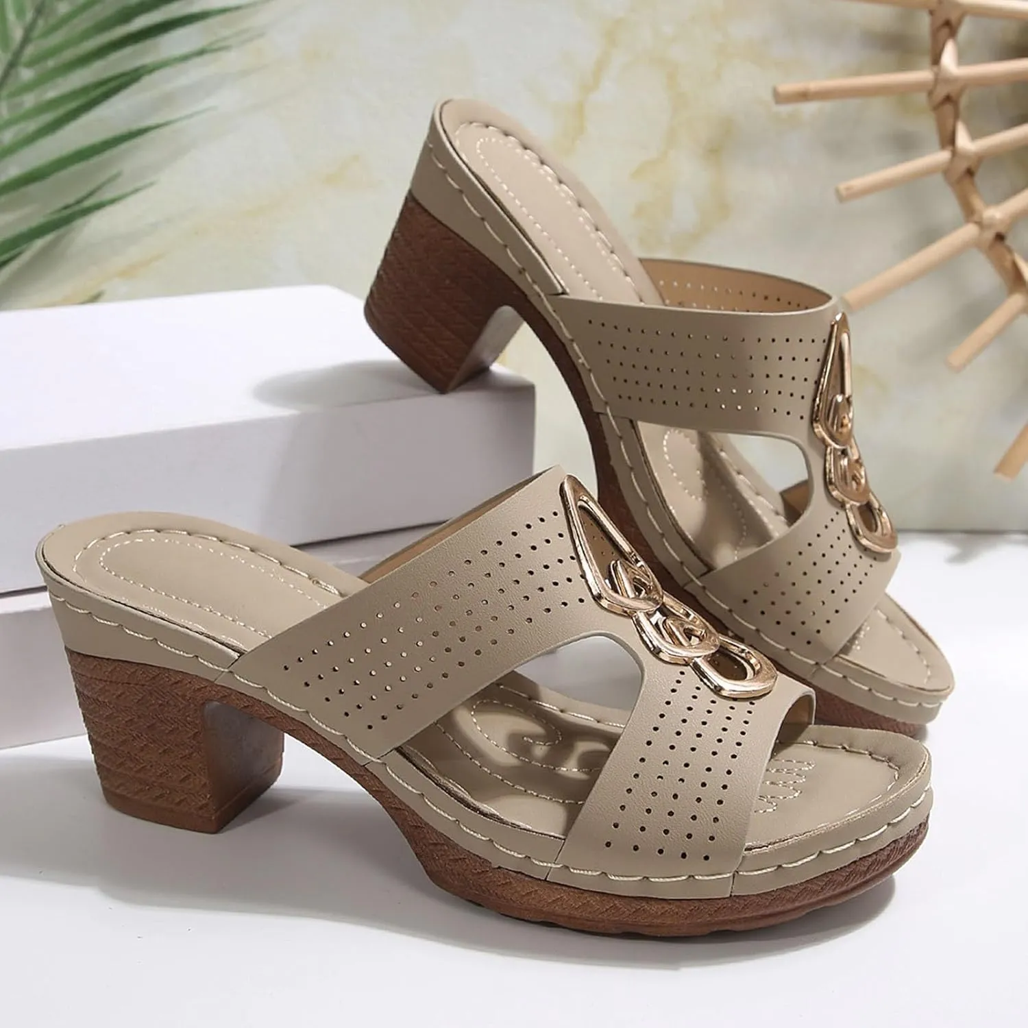 Platform Chunky Heels For Women Cutout Open Toe Low Heels Block Heeled Sandals Fashion Party Dress Slip On Slides Comfortable Walking Office Casual Summer Mules Dressy Shoes
