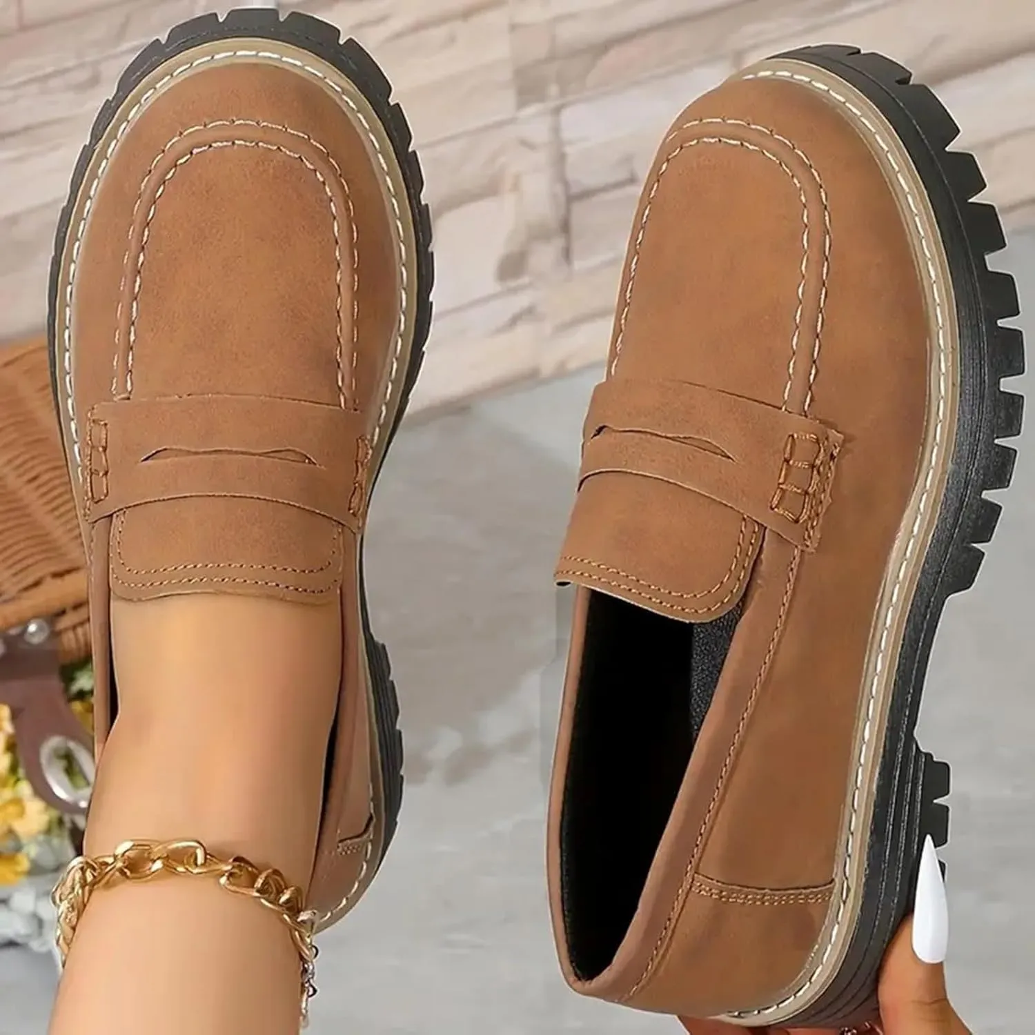 Platform Loafers for Women 2025,Women Platform Loafer,Business Casual Shoes Women,Work Shoes Women Business Casual,Suede Penny Loafers Lug Sole Slip-Ons Shoes Women Penny Loafers