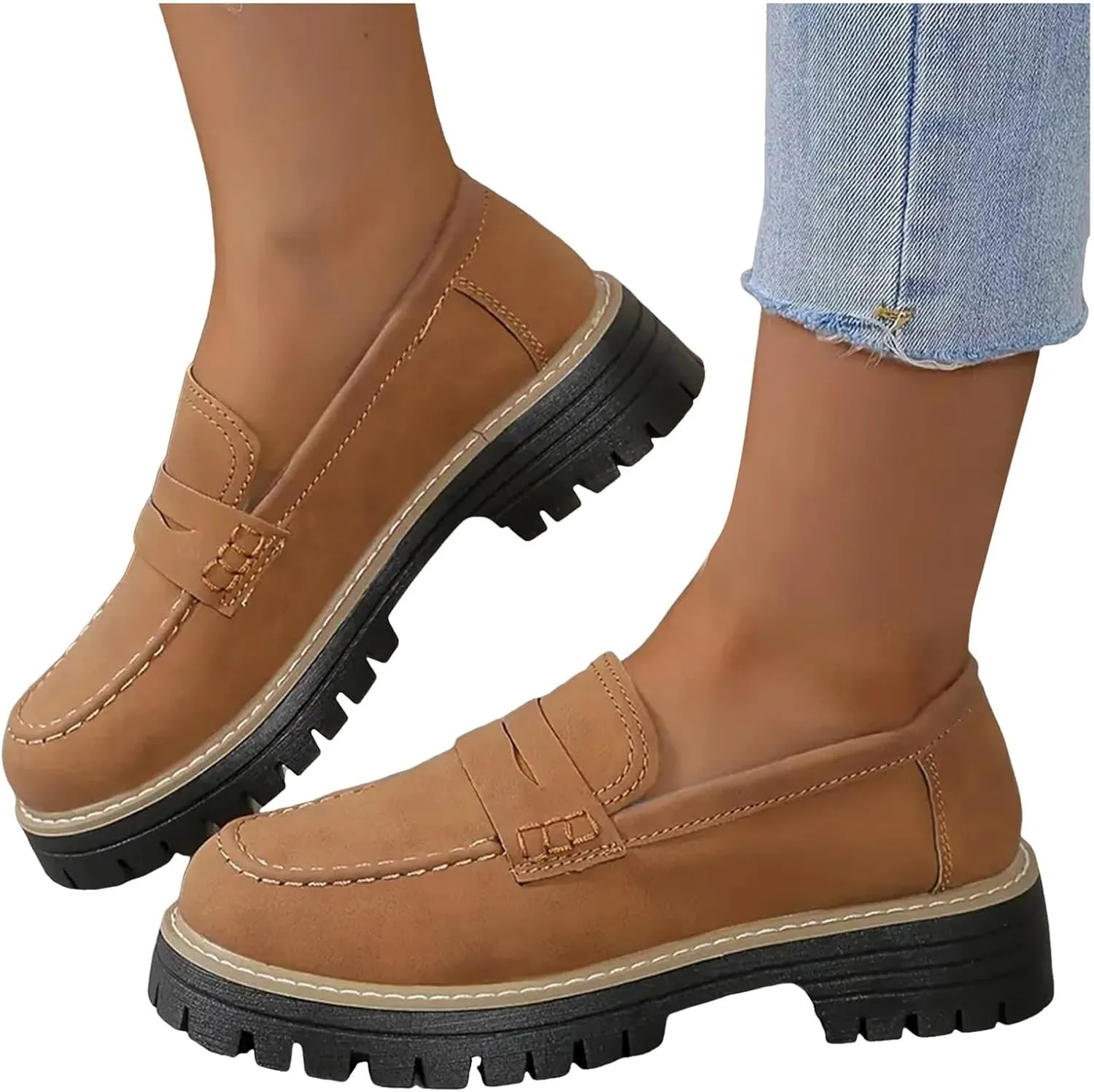 Platform Loafers for Women 2025,Women Platform Loafer,Business Casual Shoes Women,Work Shoes Women Business Casual,Suede Penny Loafers Lug Sole Slip-Ons Shoes Women Penny Loafers