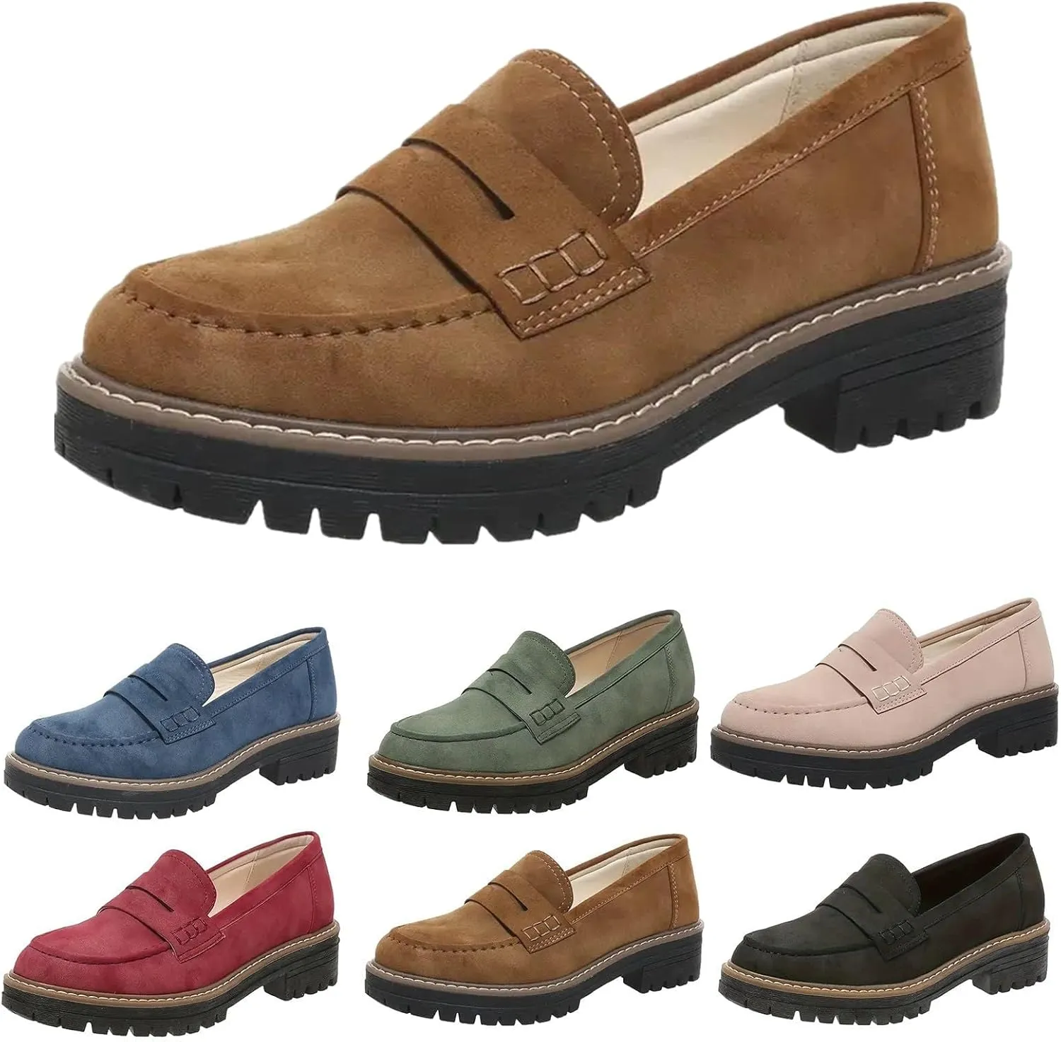 Platform Loafers for Women 2025,Women Platform Loafer,Business Casual Shoes Women,Work Shoes Women Business Casual,Suede Penny Loafers Lug Sole Slip-Ons Shoes Women Penny Loafers