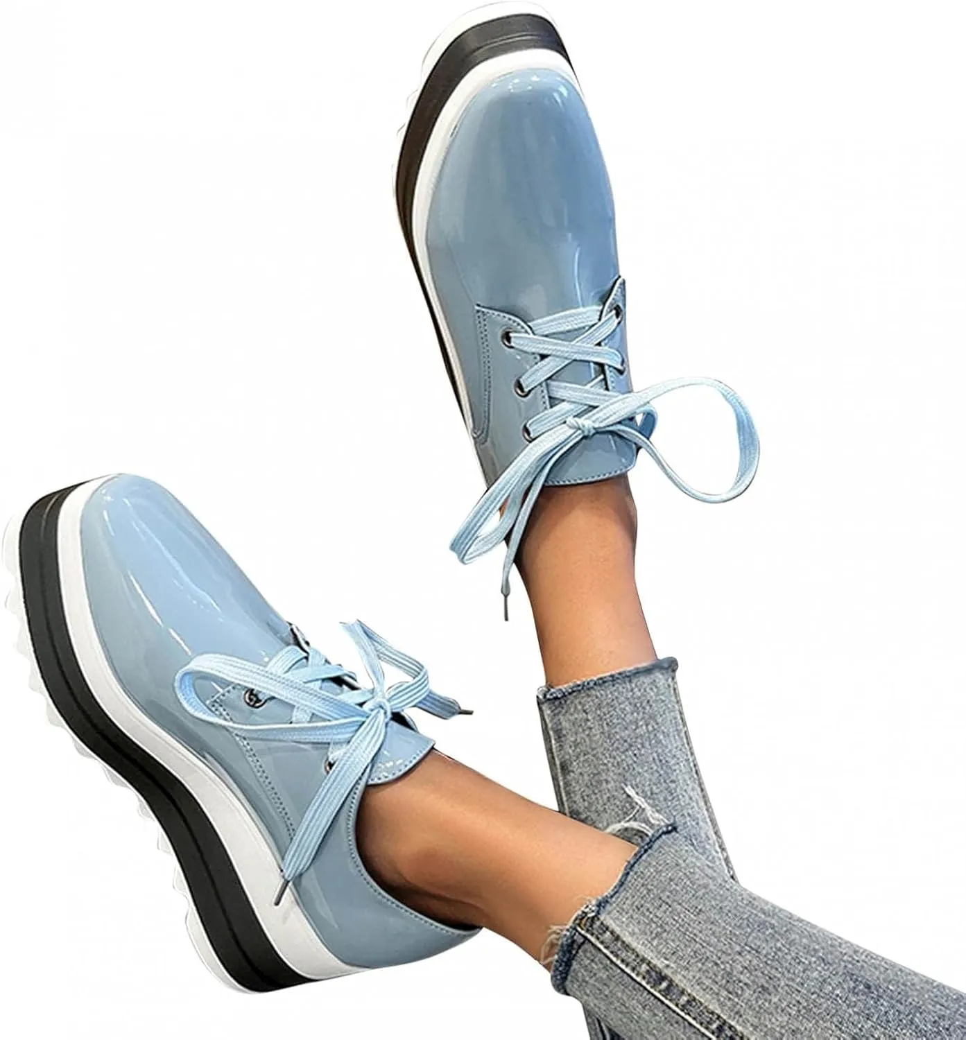 Platform Loafers for Women Chunky Heels Square Toe Low Top Slip On Flats Walking Shoes British Style Dress Oxfords Shoes
