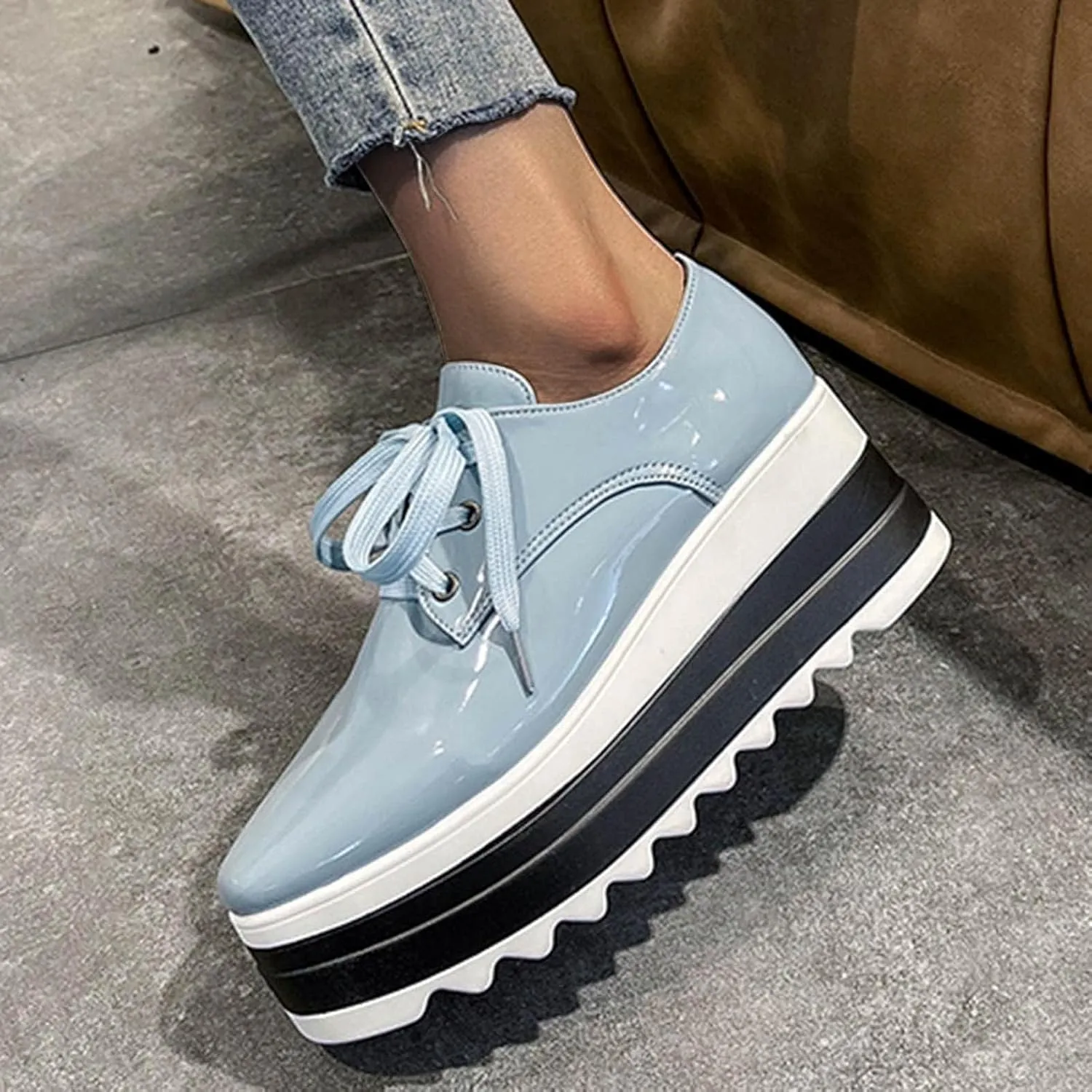 Platform Loafers for Women Chunky Heels Square Toe Low Top Slip On Flats Walking Shoes British Style Dress Oxfords Shoes