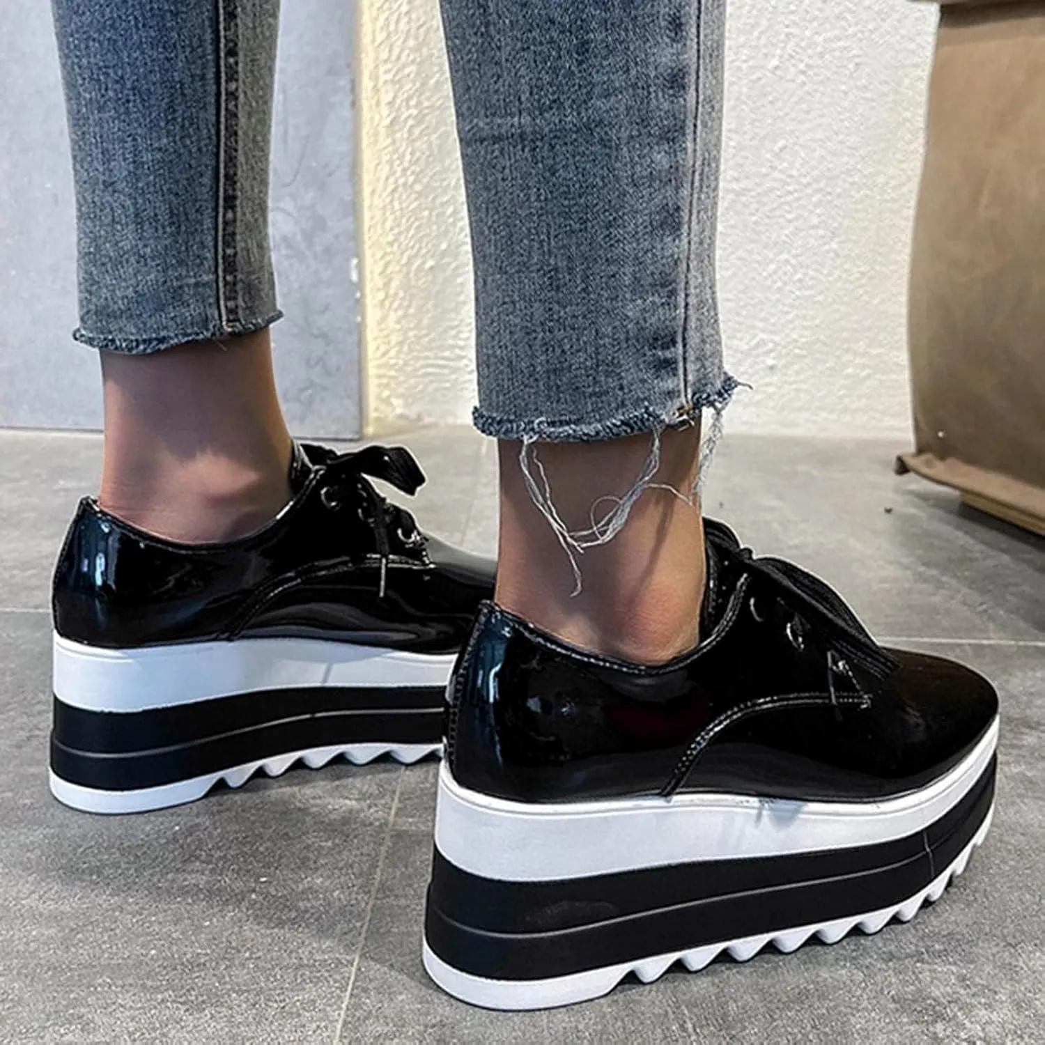 Platform Loafers for Women Chunky Heels Square Toe Low Top Slip On Flats Walking Shoes British Style Dress Oxfords Shoes