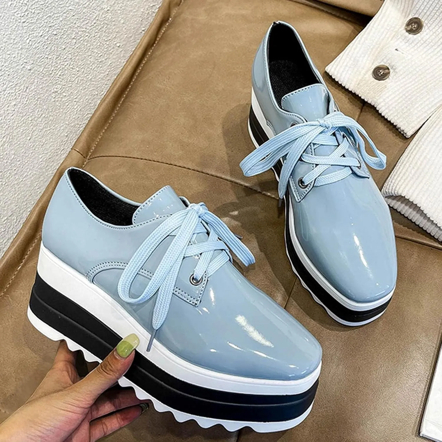 Platform Loafers for Women Chunky Heels Square Toe Low Top Slip On Flats Walking Shoes British Style Dress Oxfords Shoes