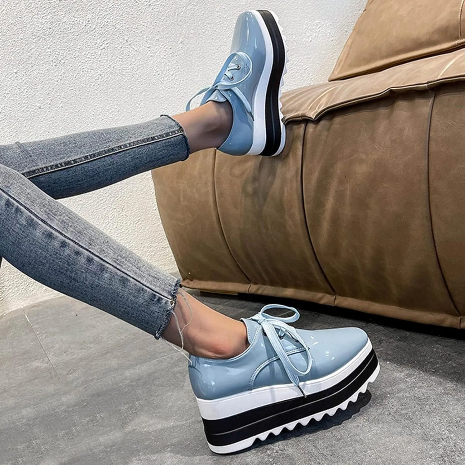 Platform Loafers for Women Chunky Heels Square Toe Low Top Slip On Flats Walking Shoes British Style Dress Oxfords Shoes