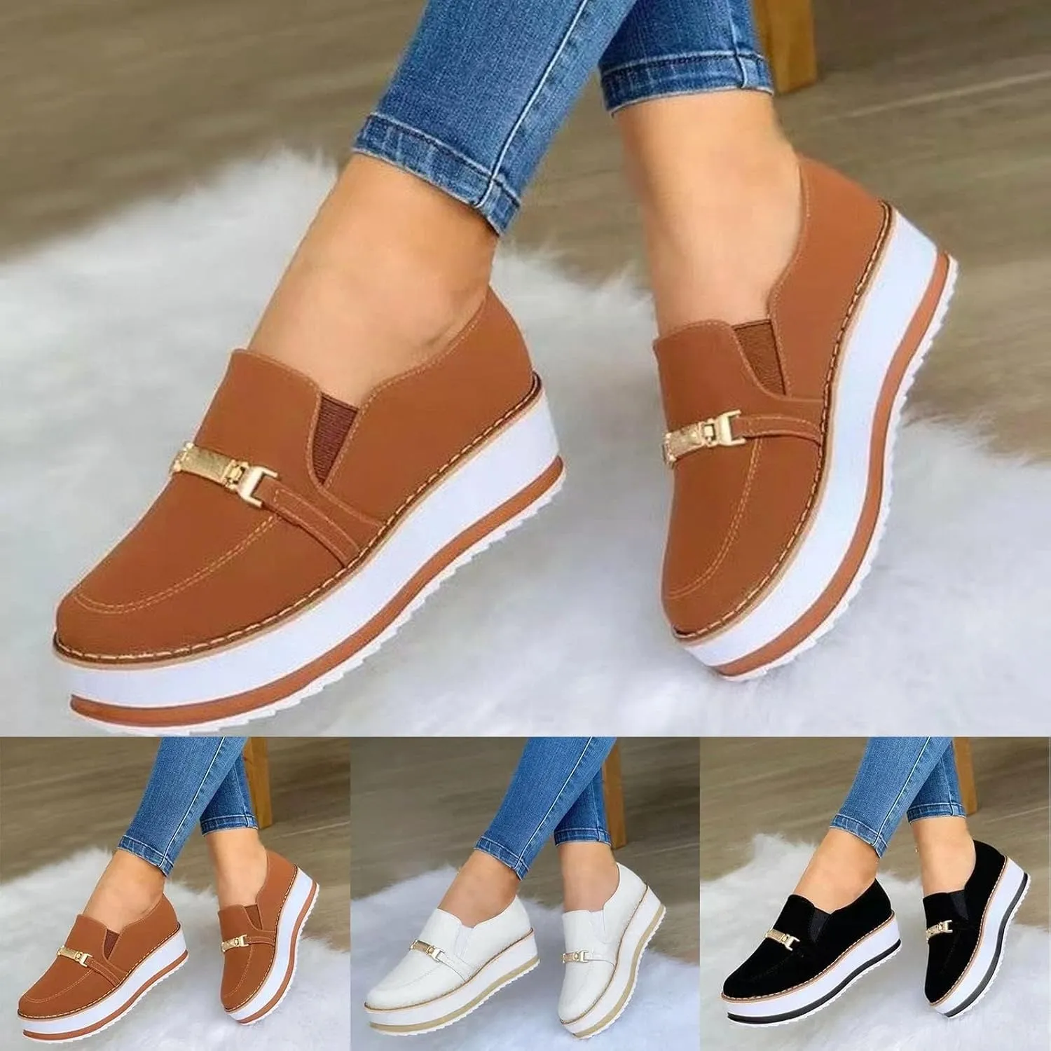 Platform Wedge Loafers for Women Round Toe Chunky Heels Walking Casual Sneakers Slip On Breathable Walking Muffin Shoes