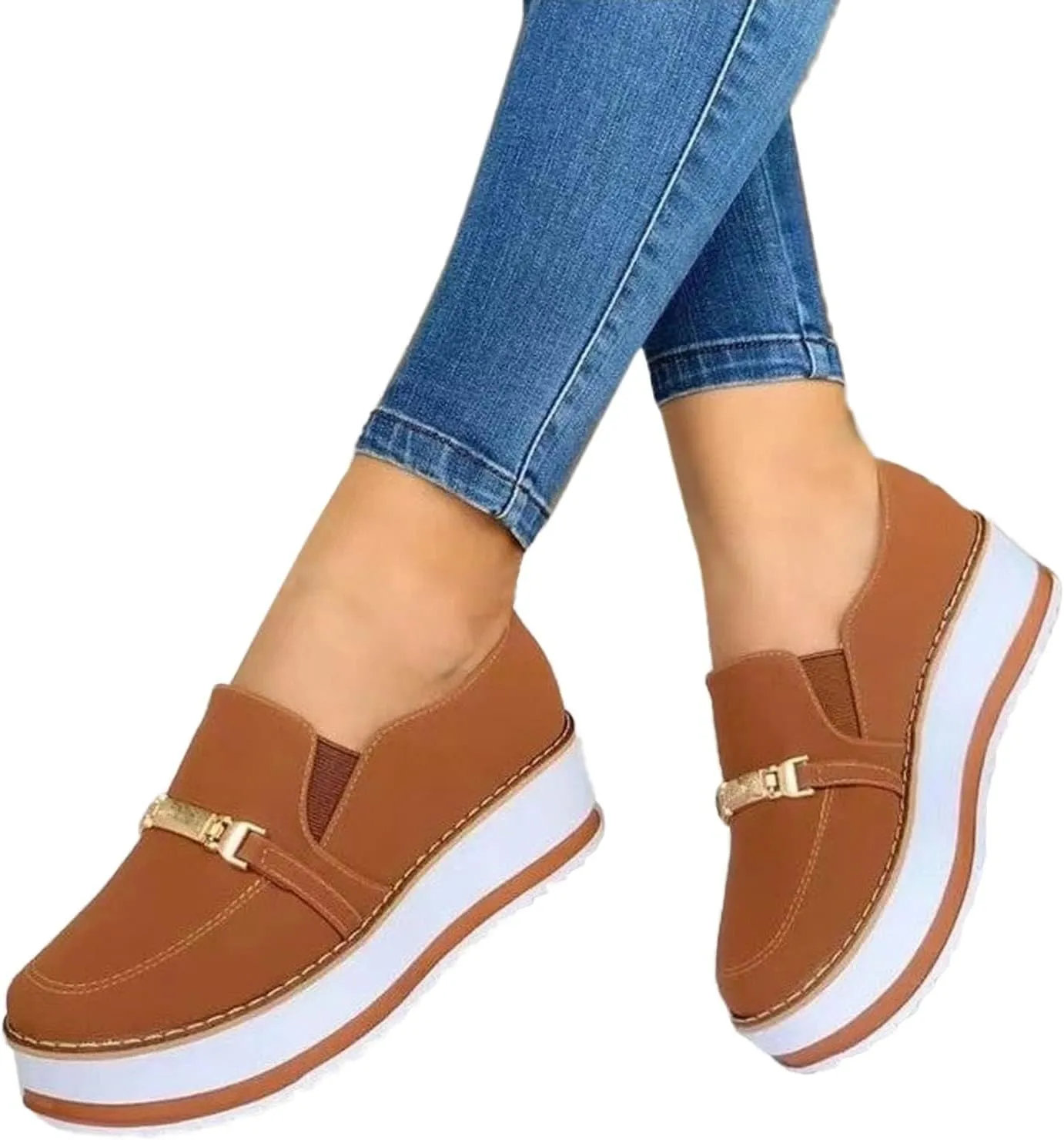 Platform Wedge Loafers for Women Round Toe Chunky Heels Walking Casual Sneakers Slip On Breathable Walking Muffin Shoes