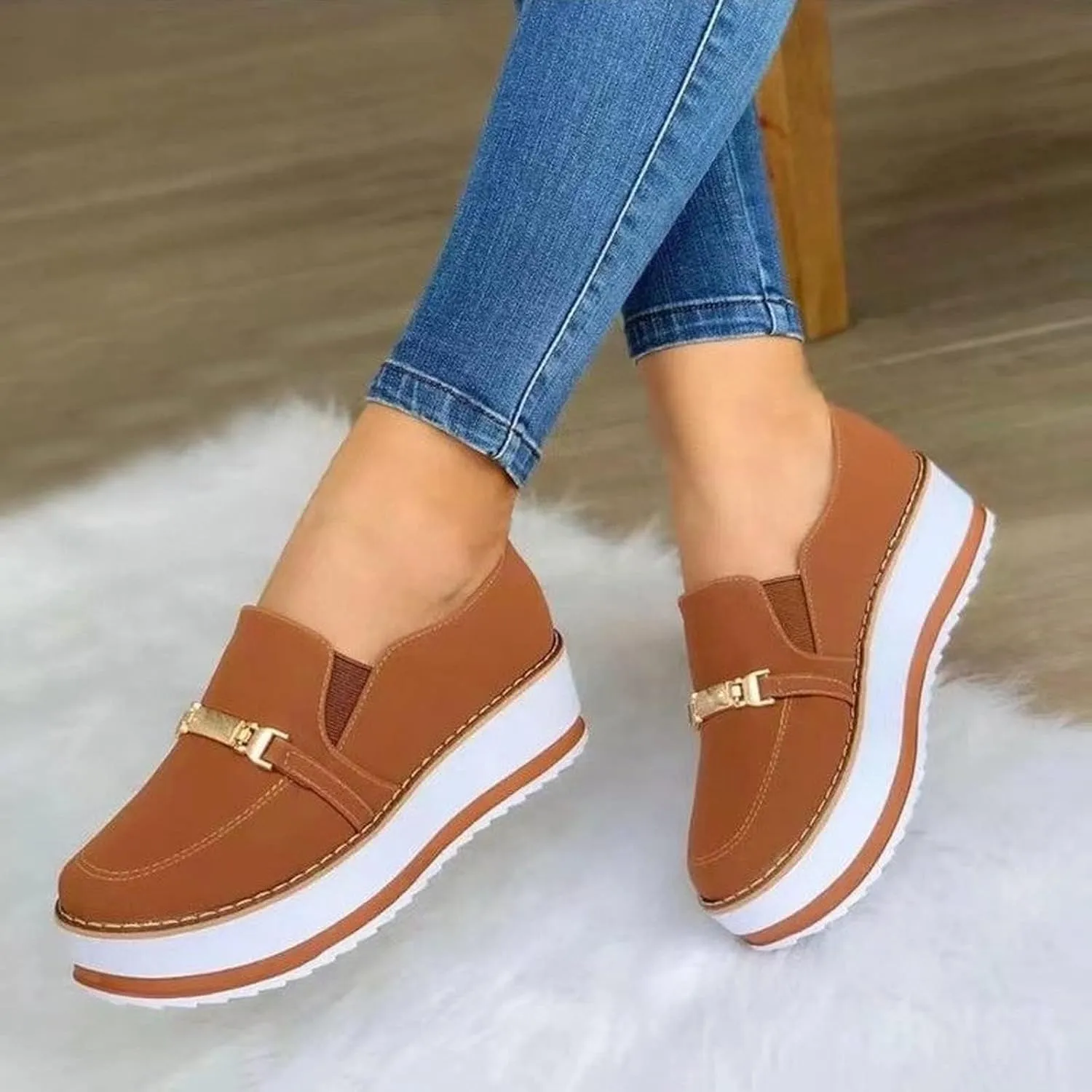 Platform Wedge Loafers for Women Round Toe Chunky Heels Walking Casual Sneakers Slip On Breathable Walking Muffin Shoes