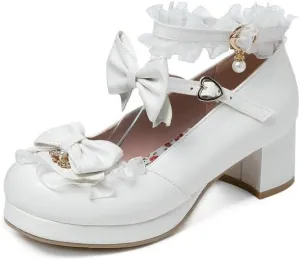 SACFOF Women Cute Lolita Shoes Platform Mary Janes Kawaii Strappy Ankle Strap Sweet Pumps Lace Cross Tied Dress Shoes