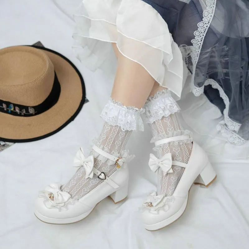 SACFOF Women Cute Lolita Shoes Platform Mary Janes Kawaii Strappy Ankle Strap Sweet Pumps Lace Cross Tied Dress Shoes