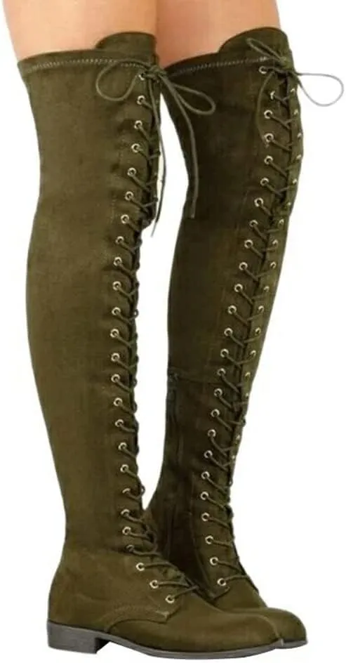 SACFOF Women's Over The Knee High Low Block Heel Riding Boots Suede Chunky Low Heel Lace up Boots Stretch Winter Long Boot