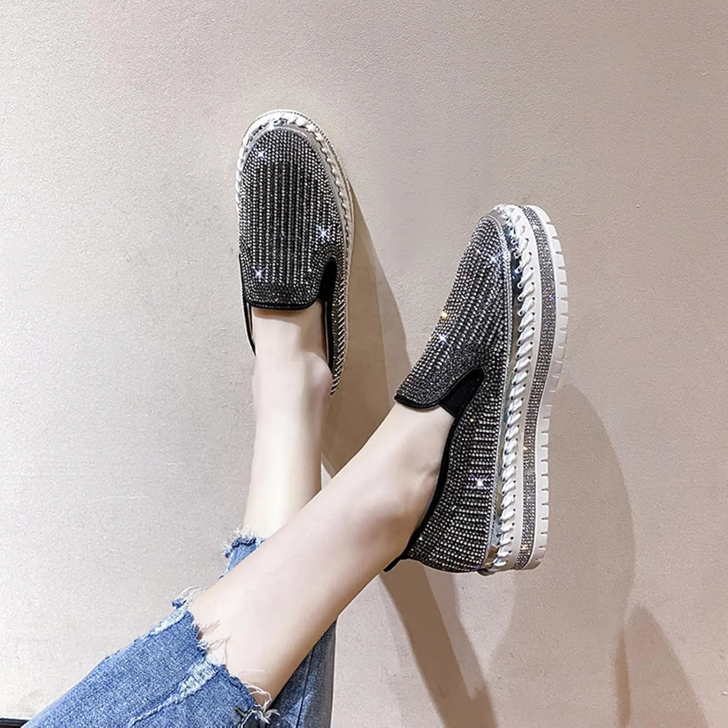 SACFOF Women's Platform Rhinestones Glitter Sneaker Slip On Comfort Platform Walking Shoes Sneaker Flat Loafer Bling Shoes