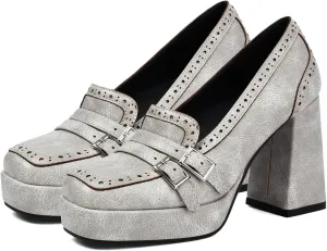 SHODENSE Women Vintage Chunky Platform Loafers Pumps Closed Square Toe Slip On High Block Heel Oxford Loafers Shoes Wingtip Burnished Buckle Strap Work Shoes for Office Ladies Formal Chic 4-10 M US