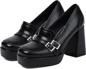 SHODENSE Women Vintage Chunky Platform Loafers Pumps Closed Square Toe Slip On High Block Heel Oxford Loafers Shoes Wingtip Burnished Buckle Strap Work Shoes for Office Ladies Formal Chic 4-10 M US