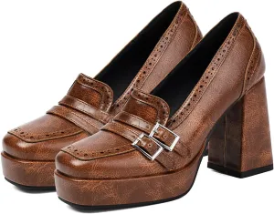 SHODENSE Women Vintage Chunky Platform Loafers Pumps Closed Square Toe Slip On High Block Heel Oxford Loafers Shoes Wingtip Burnished Buckle Strap Work Shoes for Office Ladies Formal Chic 4-10 M US