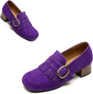 SHODENSE Women Vintage Low Chunky Block Heel Loafers Pumps Square Closed Toe Suede Penny Loafers Slip On Wingtip Oxford Shoes Metal Buckle Strap Comfort Dress Loafer Office Ladies Work Club 4-11 M US