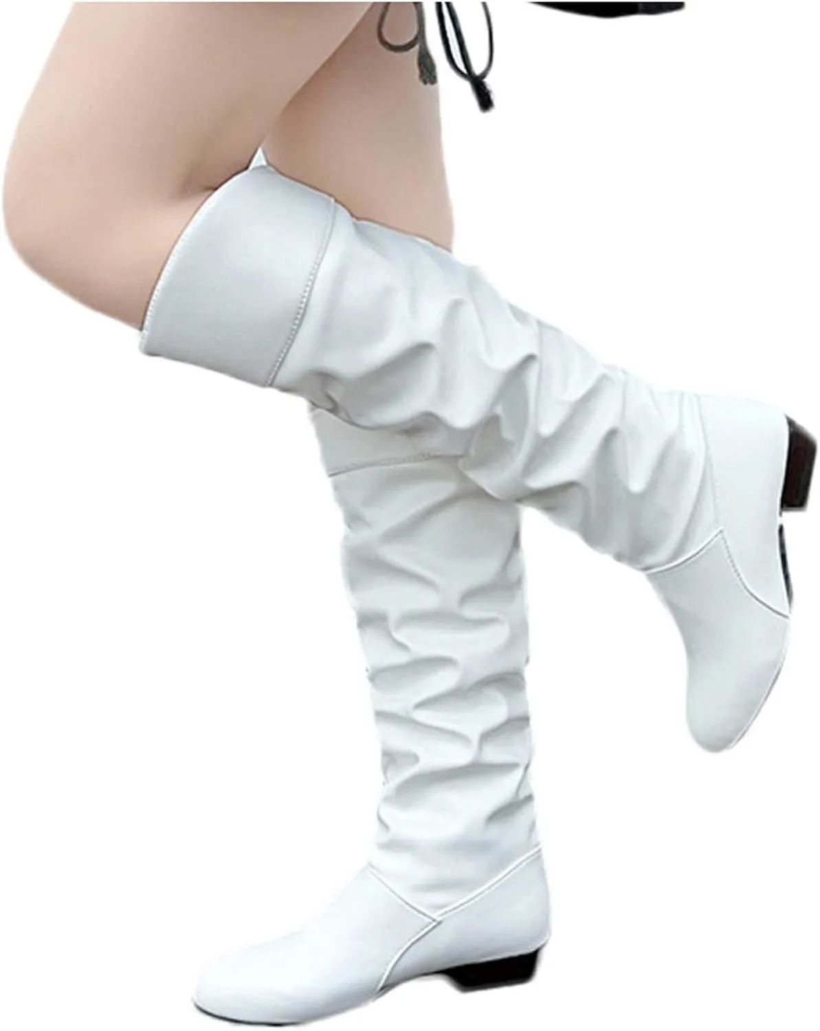 Shoes Knee-High High Women Color Boots Slip-On Heel Solid Round Boots Toe Women Knee High Leather Boots Wide Calf