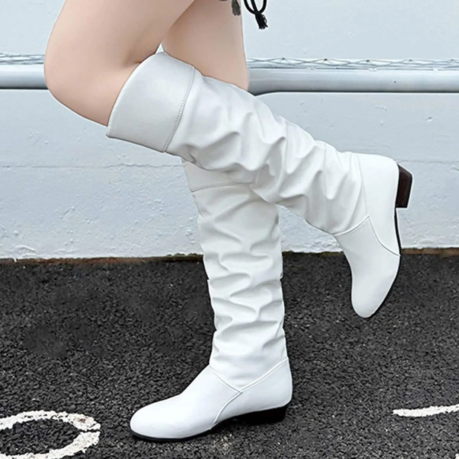 Shoes Knee-High High Women Color Boots Slip-On Heel Solid Round Boots Toe Women Knee High Leather Boots Wide Calf