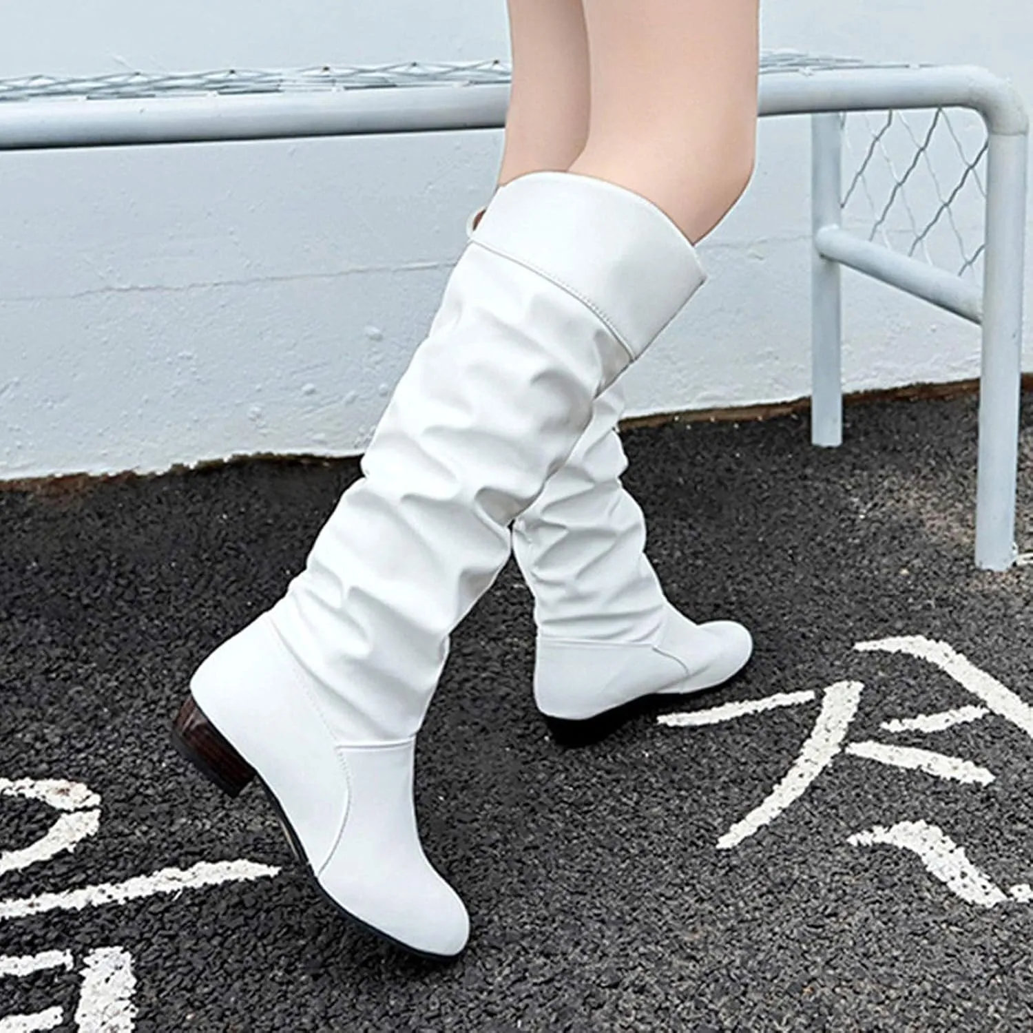 Shoes Knee-High High Women Color Boots Slip-On Heel Solid Round Boots Toe Women Knee High Leather Boots Wide Calf