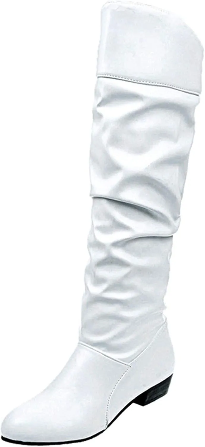 Shoes Knee-High High Women Color Boots Slip-On Heel Solid Round Boots Toe Women Knee High Leather Boots Wide Calf