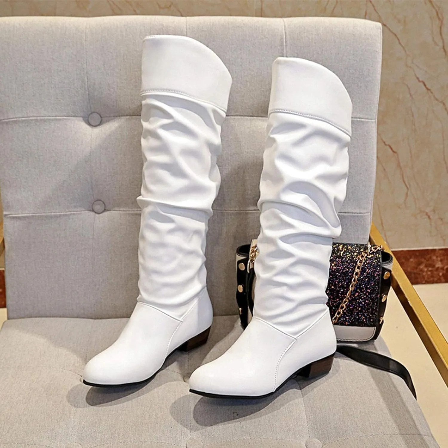 Shoes Knee-High High Women Color Boots Slip-On Heel Solid Round Boots Toe Women Knee High Leather Boots Wide Calf