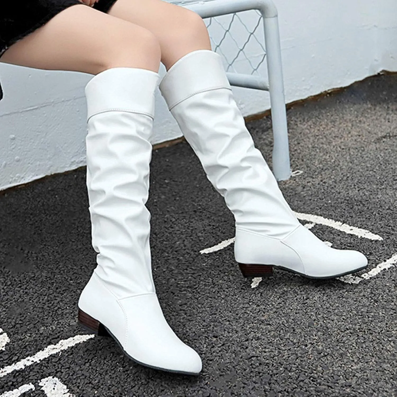 Shoes Knee-High High Women Color Boots Slip-On Heel Solid Round Boots Toe Women Knee High Leather Boots Wide Calf