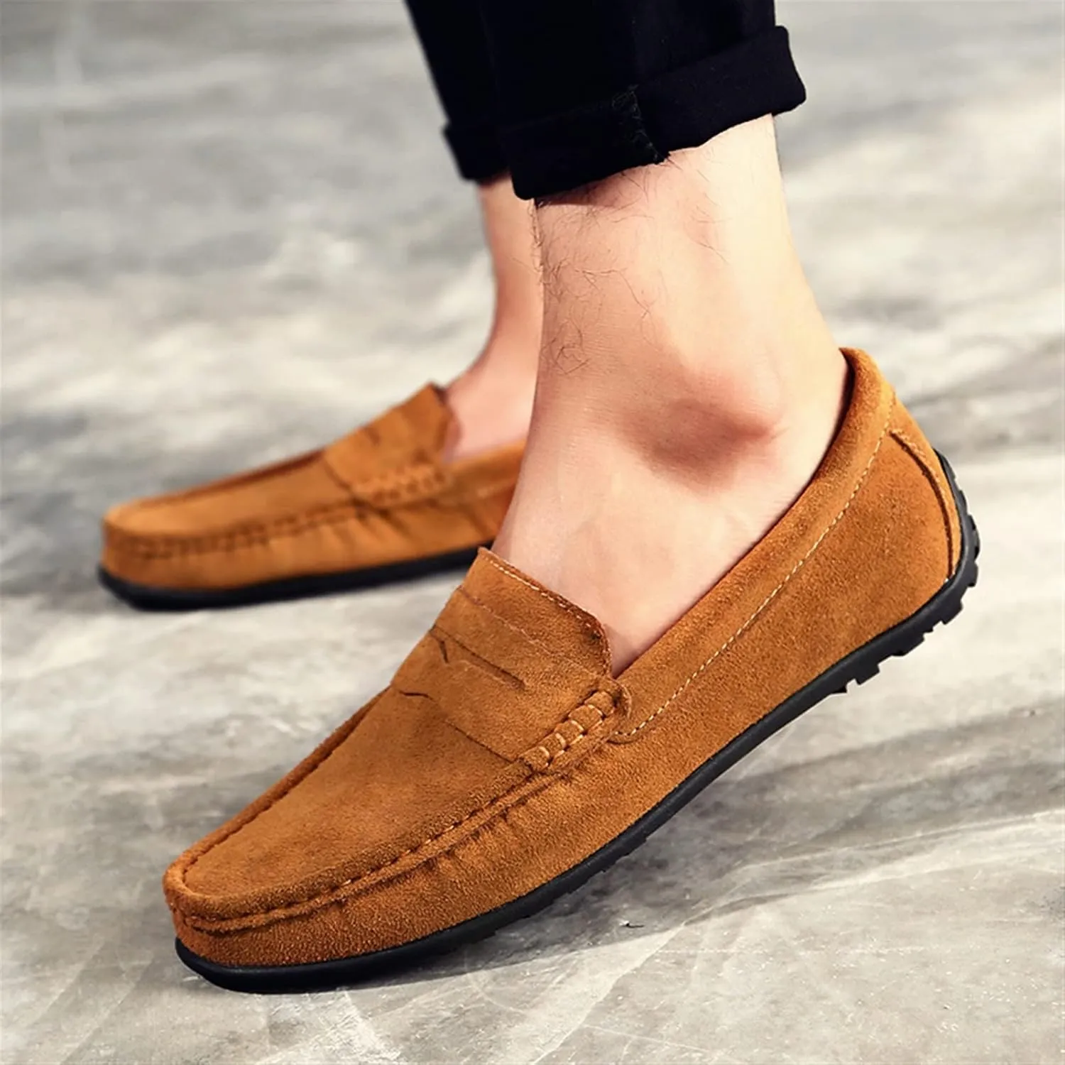 Smoking Loafer for Men Genuine Leather Stitching Details Round Toe Suede Vamp Penny Loafer Rubber Sole Lightweight Resistant Anti-Slip Flexible for Any Attire