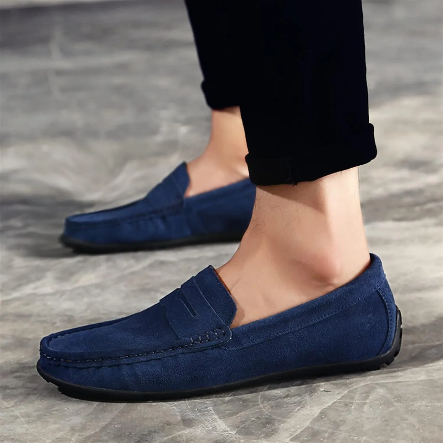 Smoking Loafer for Men Genuine Leather Stitching Details Round Toe Suede Vamp Penny Loafer Rubber Sole Lightweight Resistant Anti-Slip Flexible for Any Attire