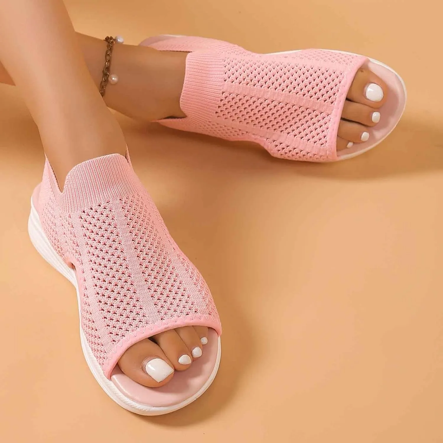 Stylish Women's Open Toe Sandals Breathable Mesh Summer Casual Shoes Comfortable Flat Sole For Daily Wear