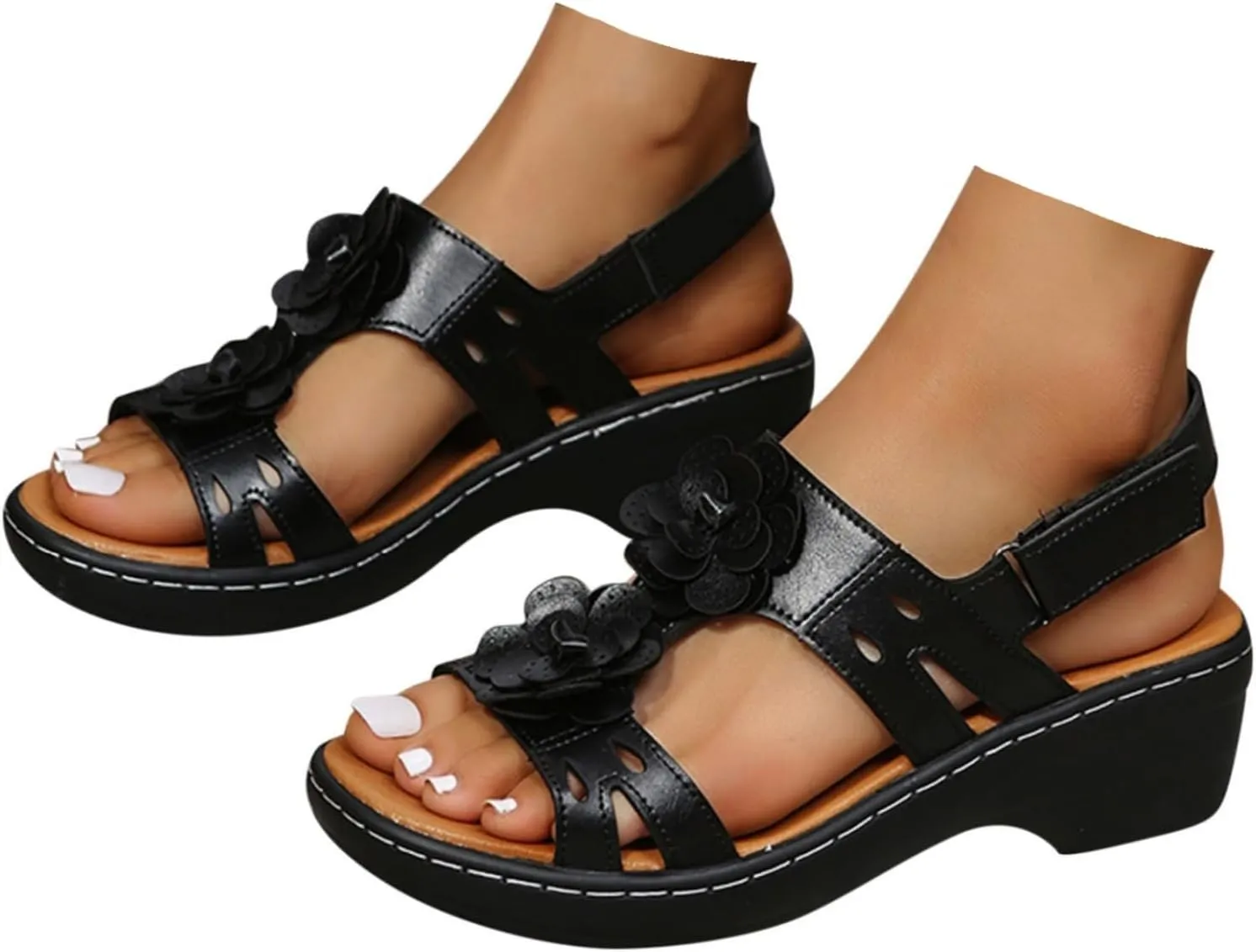 Summer Sandals For Women 2025,Women's Orthopedic with Arch Support Mid Heels Ankle Straps Open Toe Hollow Out Comfortable Flowers Sandal Dressy Womens Walking Wedges Low Heel Shoes for Daily Wear